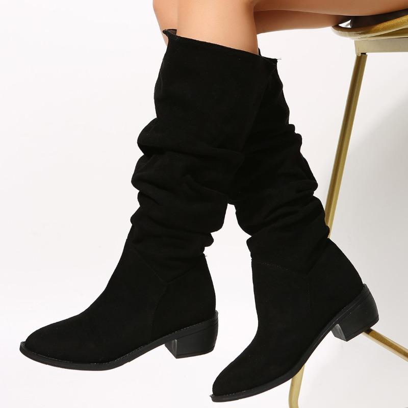 New Large Size Pleated Boots Women's Large Size Tall Martin Boots European and American Suede Thick Heel Pile
