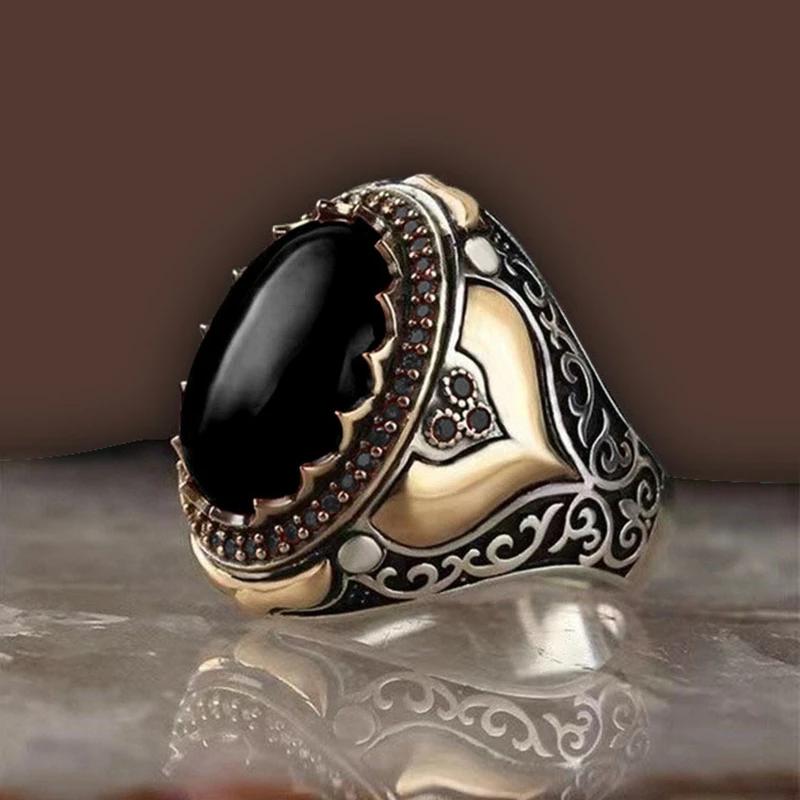 New Punk Turkey Vintage Rings Geometric Oval Black Suitable for Anniversary Party Wedding Men's Rings High-end Luxury Jewelry