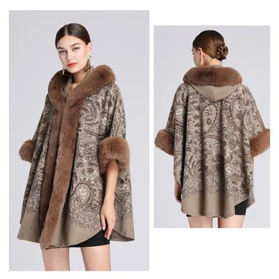 Winter Women's Shawl Cape Fur Collar Jacquard Hooded Large Size Seven-point Sleeves Tweed Jacket Cardigan