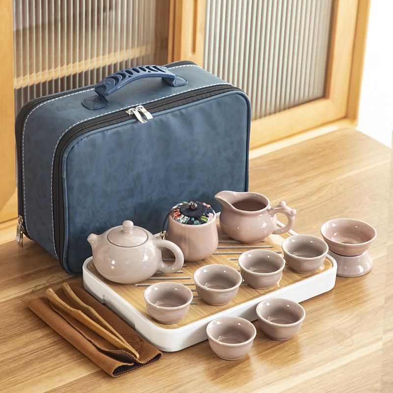 Travel ceramic Kung Fu tea set, tea tray, a full set of portable storage bags, practical business gifts for customers