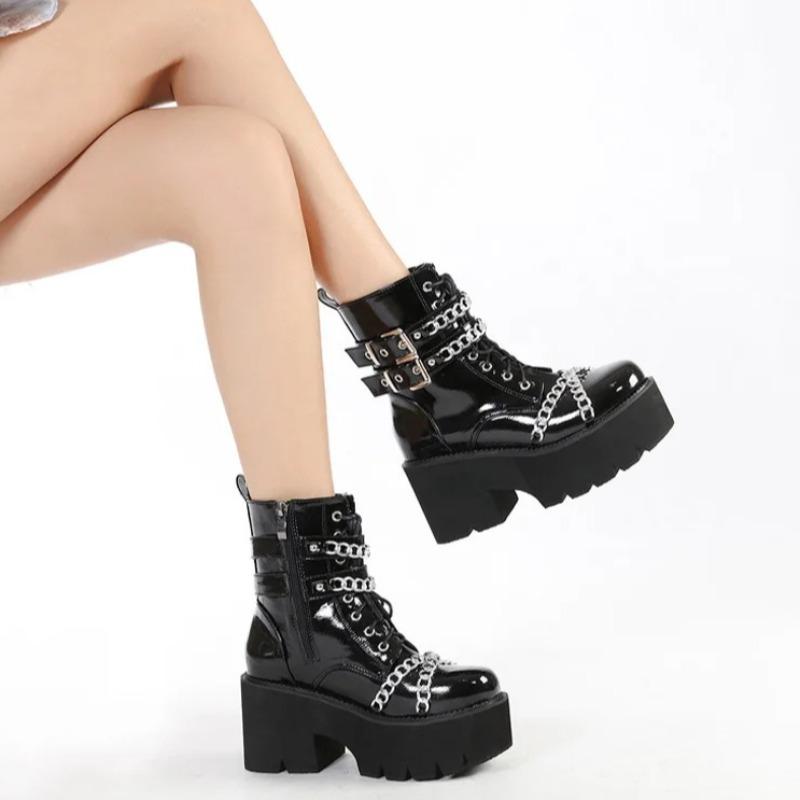 Punk Style Women Boots Fashion Wedge Heeled Boots High Quality Patent Leather Boot Casual Platform Boots for Women Zapatos Mujer