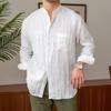 Men Linen Blend Mandarin Collar Long Sleeve Shirt Casual Breathable Lightweight Spring Autumn Shirt