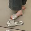 French Silver Slippers Women's Summer Wear 2025 New with Skirt Fashion Rhinestone Cover Toe Flat Bottom Beach Cool Slippers