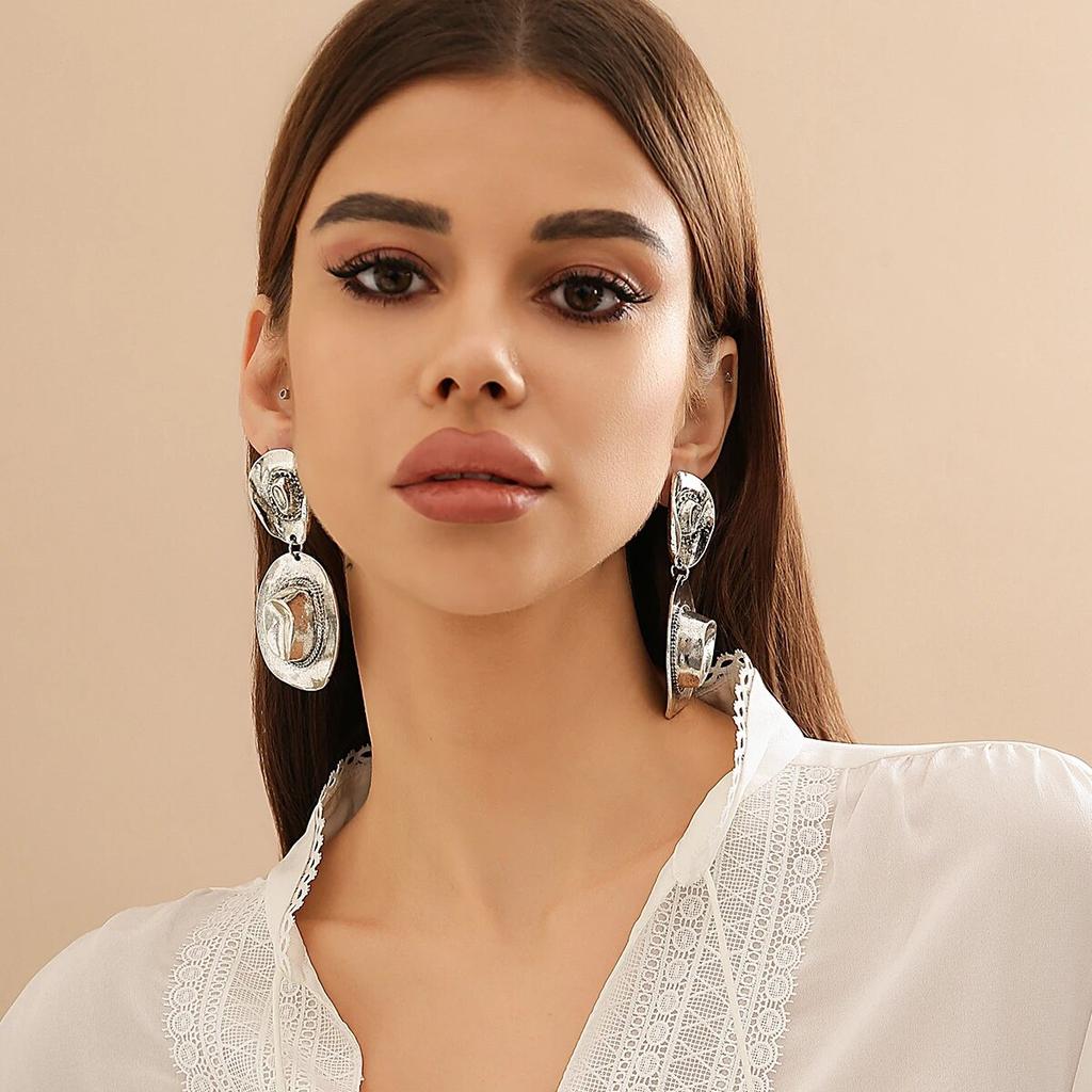 Punk Vintage Cowboy Hat Pendant Earrings for Women Exaggerated Gold Color Big Dangle Earrings Y2K Party Jewelry Accessories New