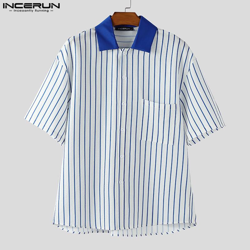 INCERUN Men Short Sleeve Shirts Lapel Stitching Striped Loose Shirts
