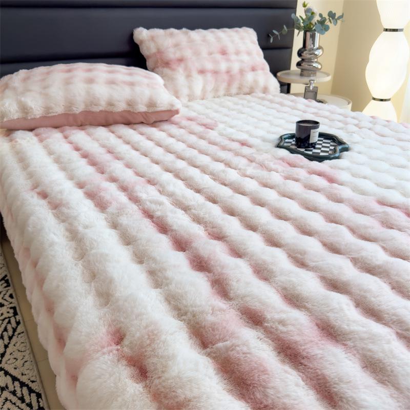 Plush Fleece-Lined Rabbit Fur Fitted Sheet Set - Double Bed, Winter Warmth, 3-Piece Mattress Protector