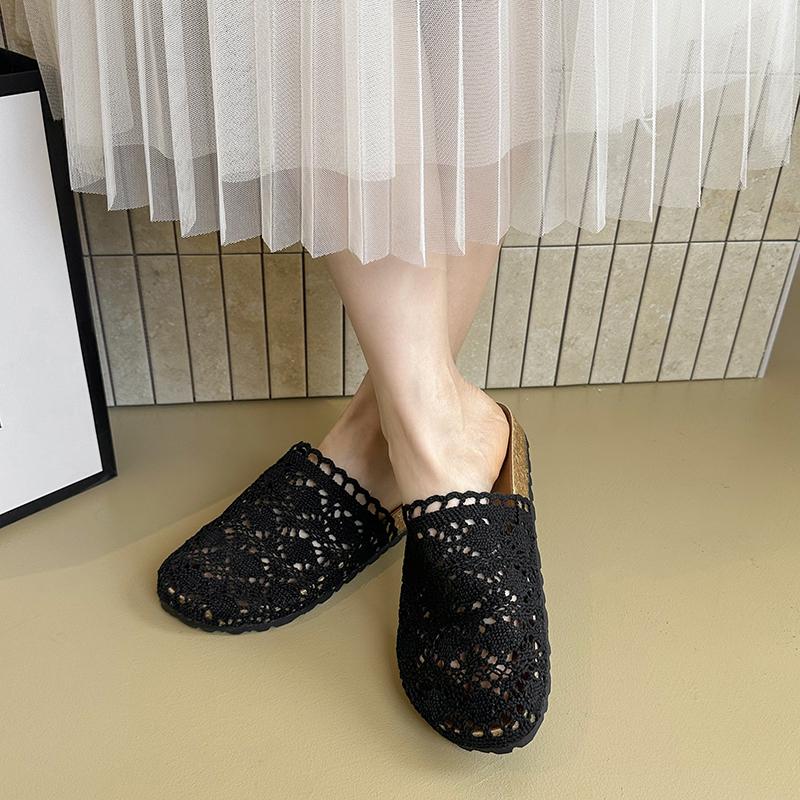 Platform Baotou Half Slippers Women's Outward Wear Summer New Round Toe Deep Mouth Woven Versatile Slip-on Flat Cool Slippers