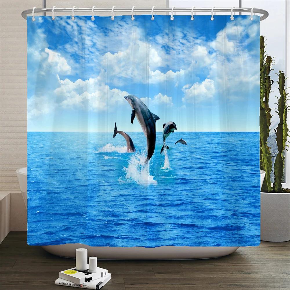 3D Bathroom Curtains Ocean Fish Jellyfish Shell Starfish Dolphin Anchor Shower Curtain Waterproof Fabric Cartoon Boy Bath Screen