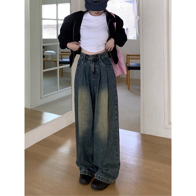 

Женские осенние 2025 года синие джинсы ретро с высокой посадкой, маленького размера, свободные, прямого кроя L синий