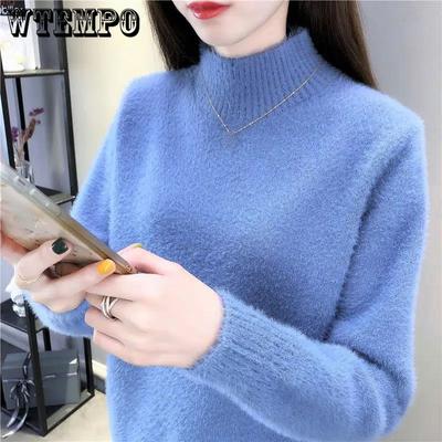 Sweter z polaru z norek w stylu koreańskim, półgolf, damski, luźny, swobodny, gruby, dzianinowy, jesienno-zimowy sweter, koszula z dołem