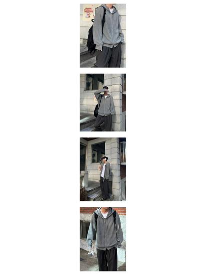 Men's 2024 Korean Style Double Zipper Hooded Knit Cardigan - Autumn/Winter Versatile Trendy Couple Style Sweater