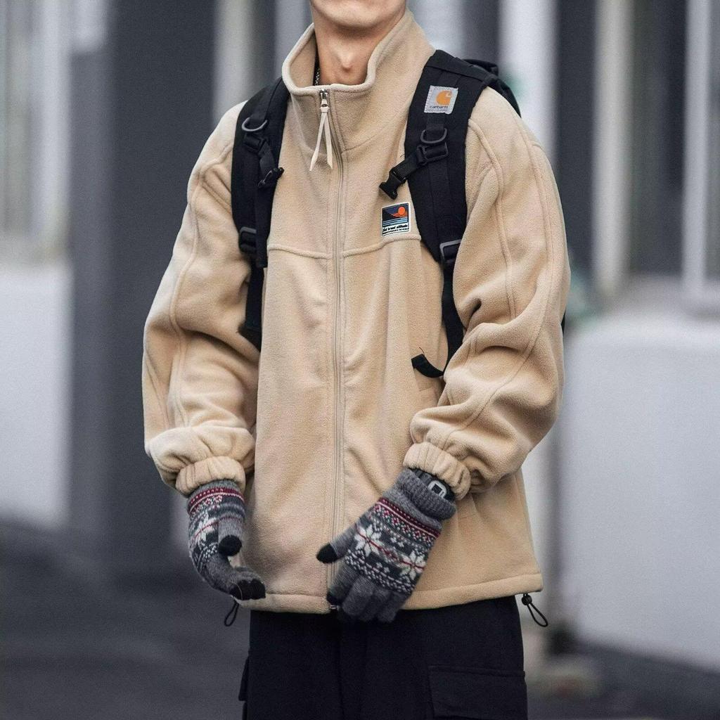 Men's Japanese Stand Collar Fleece Jacket - Double-Sided Warm Cardigan Hoodie for Autumn/Winter