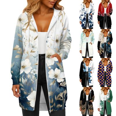 Jaqueta Moletom Casual Feminina Estampada Fashion de Manga Comprida com Capuz e Cordão, Bolso com Zíper
