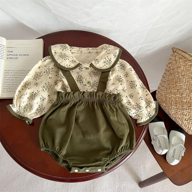 Baby Flowery Blouse and Dungarees Size 70 [Chic Kids] Two-piece Set, Green,