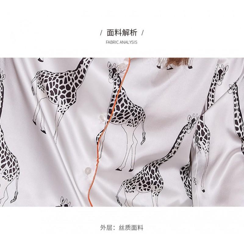 Womens Lightweight Silk-Like Pajama Set Long Sleeve Loose Lounge Wear Home Outfit White Giraffe Print