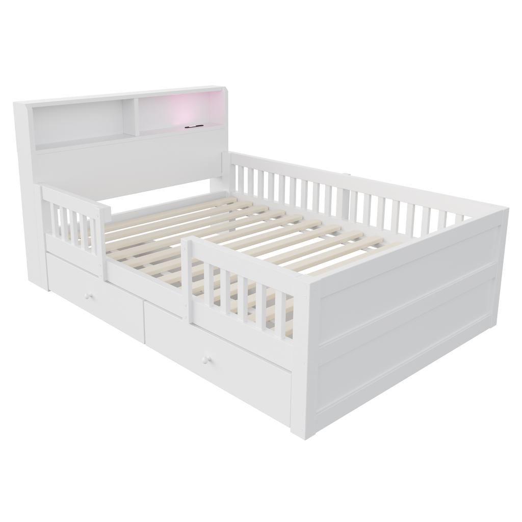 Wooden Bed 90 x 190 cm, USB and Type-C Combo Socket, LED Light, Headboard with Storage Function, Children's Bed, Multifunctional Bed, Pine Wood, White