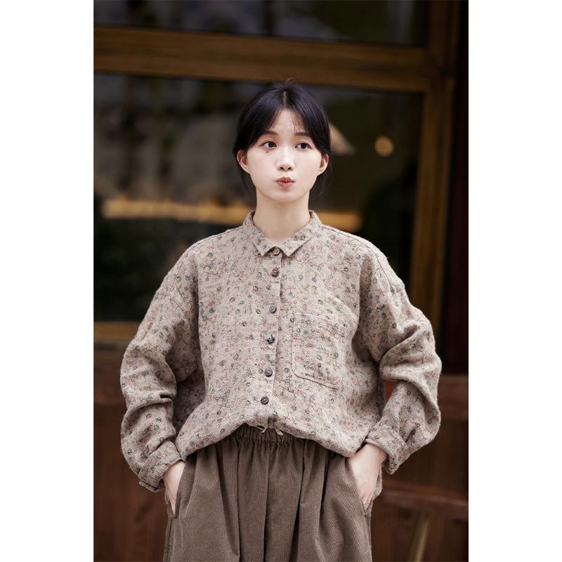 Retro Women's Brocade Color Casual Slimming Linen Shirt for Autumn