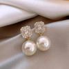 Square Zircon Stud Earrings with Pearl Drop Dangle Elegant Lightweight Fashion Jewelry for Women and Girls