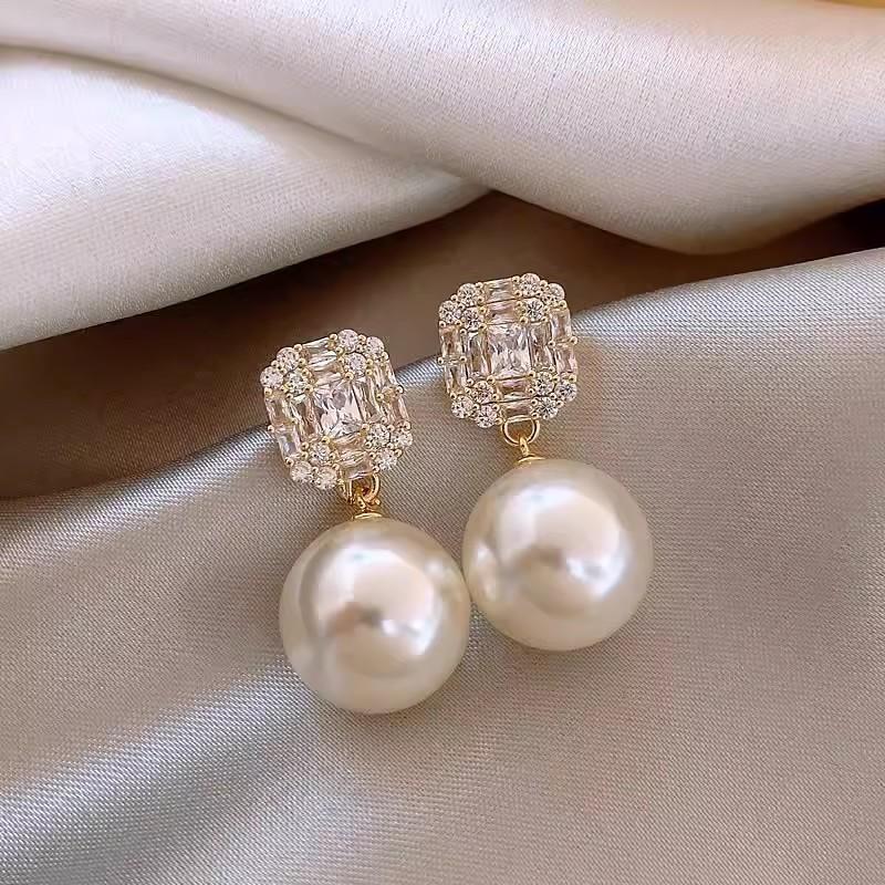 Square Zircon Stud Earrings with Pearl Drop Dangle Elegant Lightweight Fashion Jewelry for Women and Girls