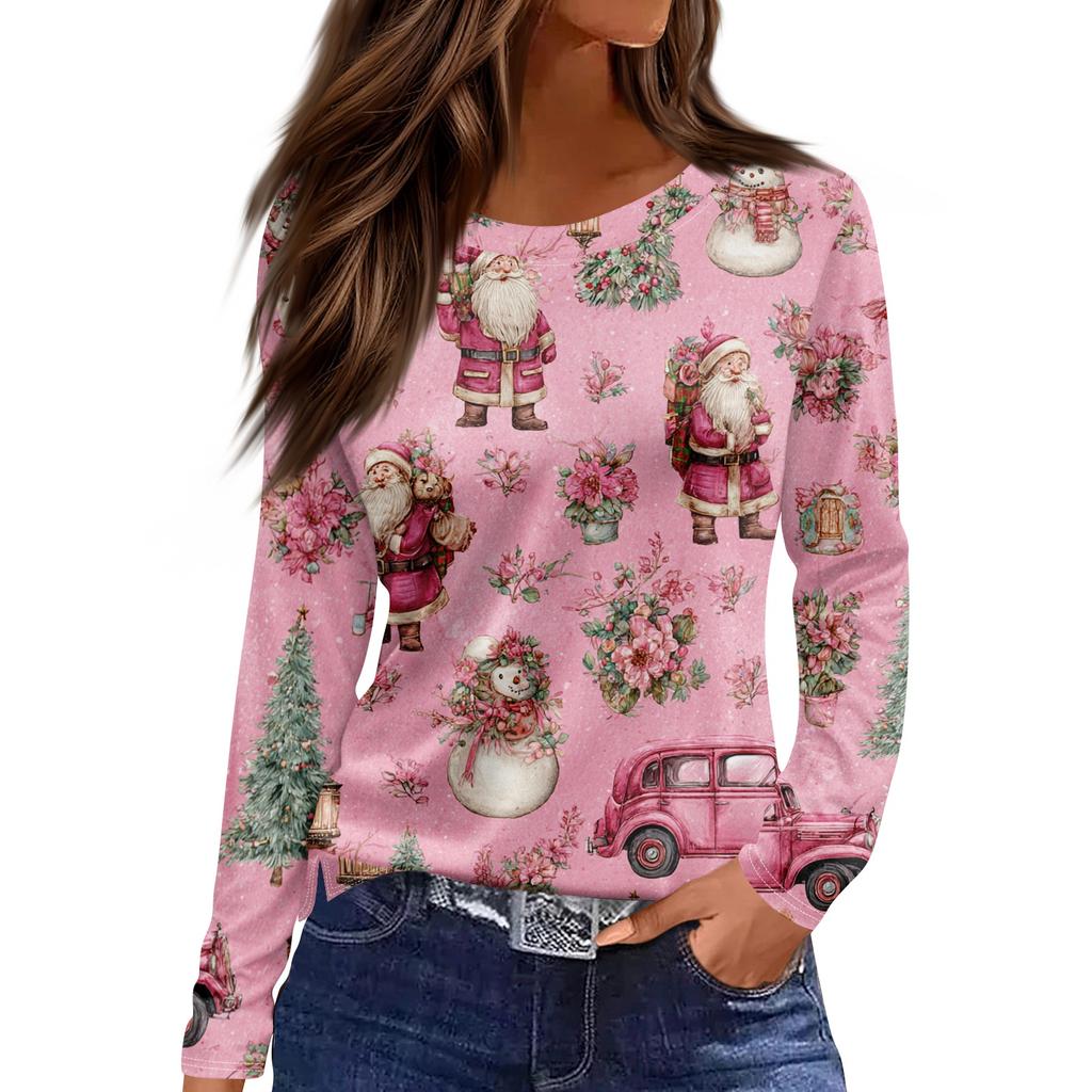 Women's Fashion Casual Slit Hem Round Neck Long Sleeve Loose Printed T-Shirt Top