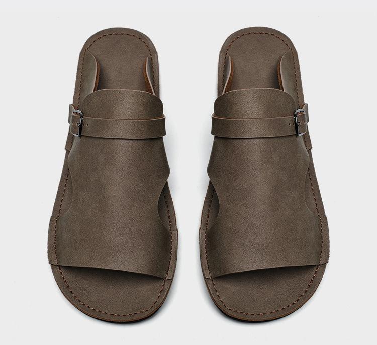 Men's Breathable Cowhide Beach Slippers - Soft Sole Roman Sandals, Size 47