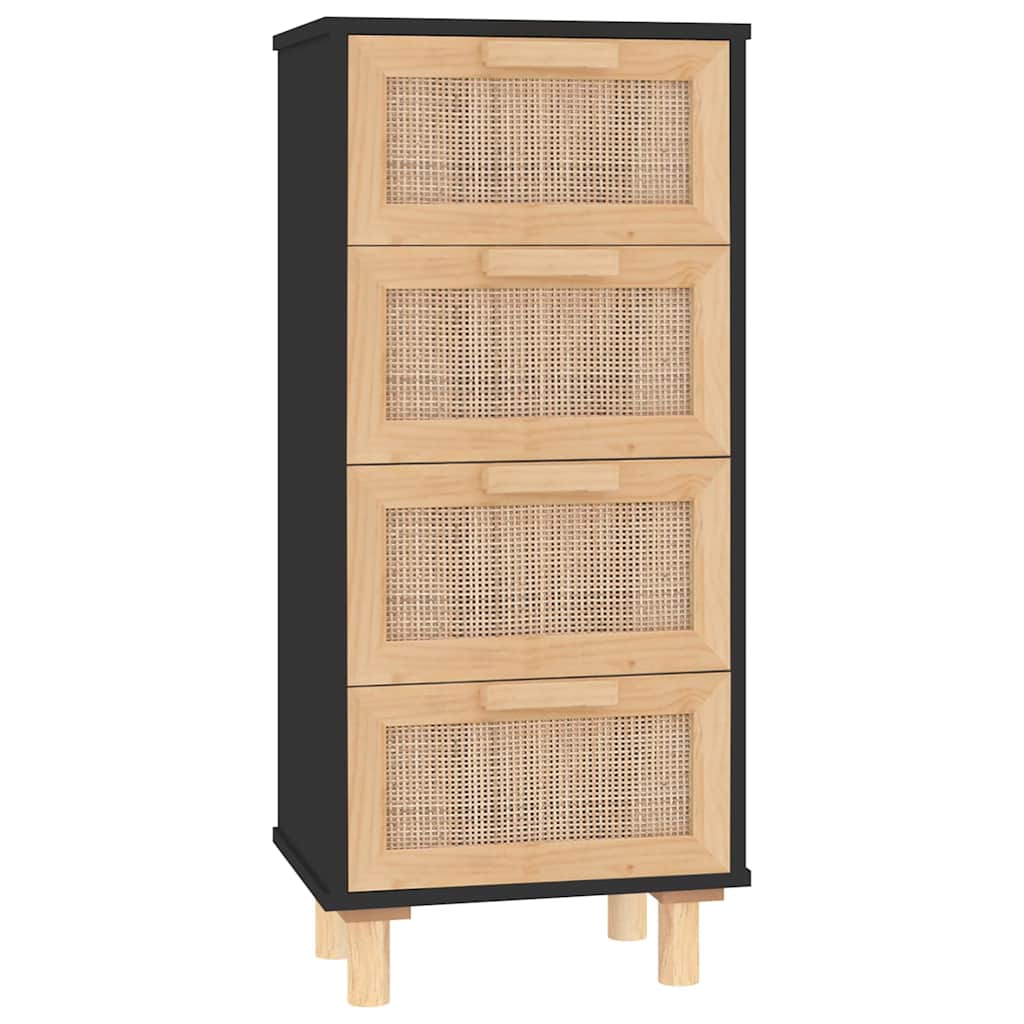 Sideboard Black 40x30x90 cm Solid Pine Wood and Natural Rattan