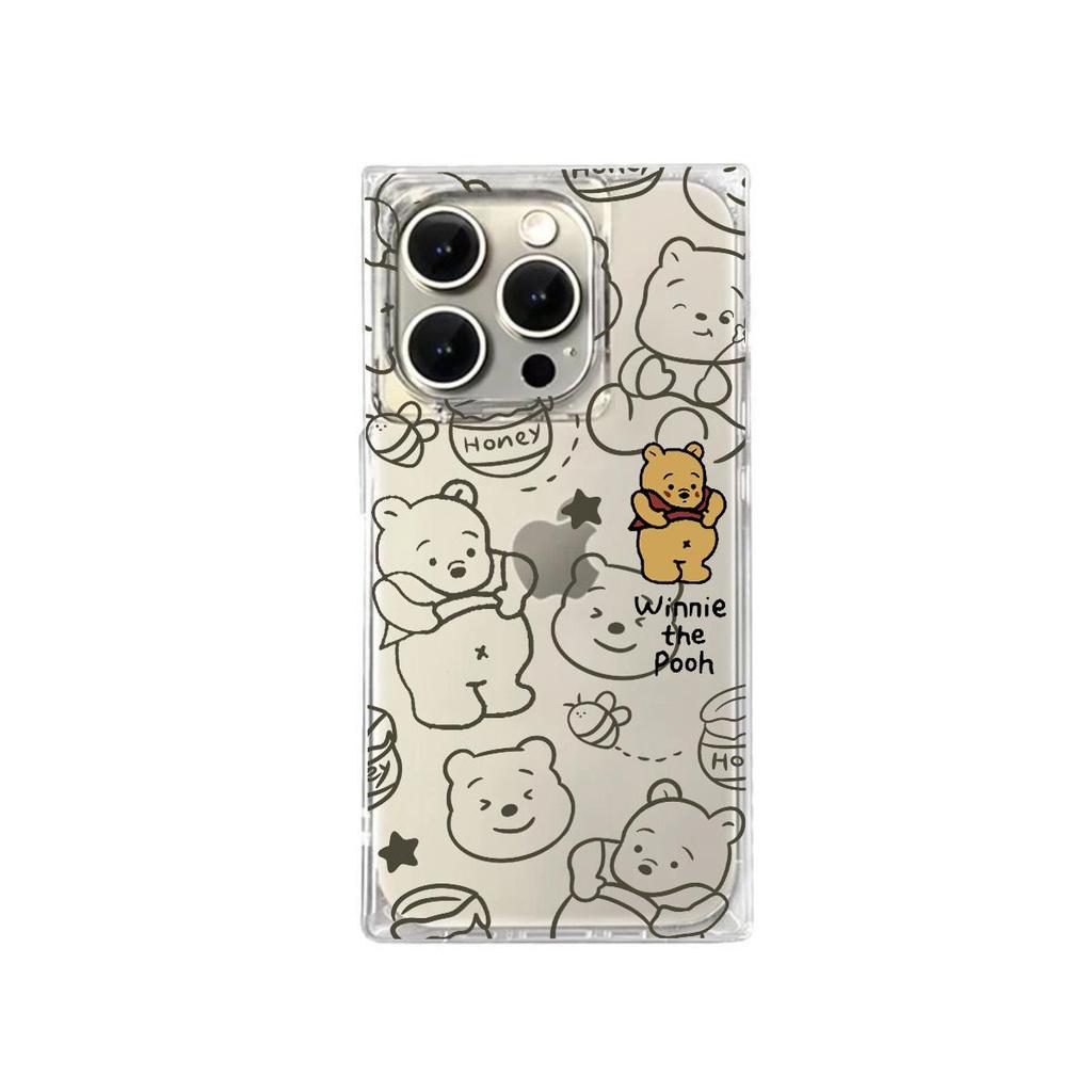 Transparente quadratische Rückseite Röhrenhülle Schutz für iPhone 12 14 Pro Max 16 ProMax 15 Plus 13 11 Anti-Sauerstoff, Winnie Puh Muster