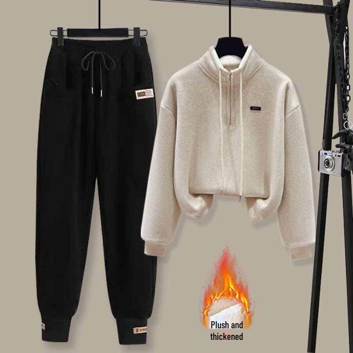 Trendy Women's Fleece Half-Zip Stand Collar Sweatshirt & Loose Harem Pants Set