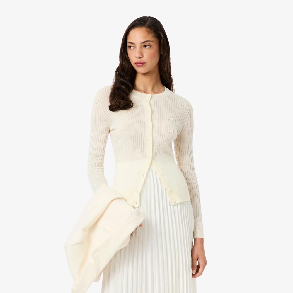 [Lacoste] Women s Ribbed Merino Wool Crew Neck Cardigan AF4141-55N70V 34