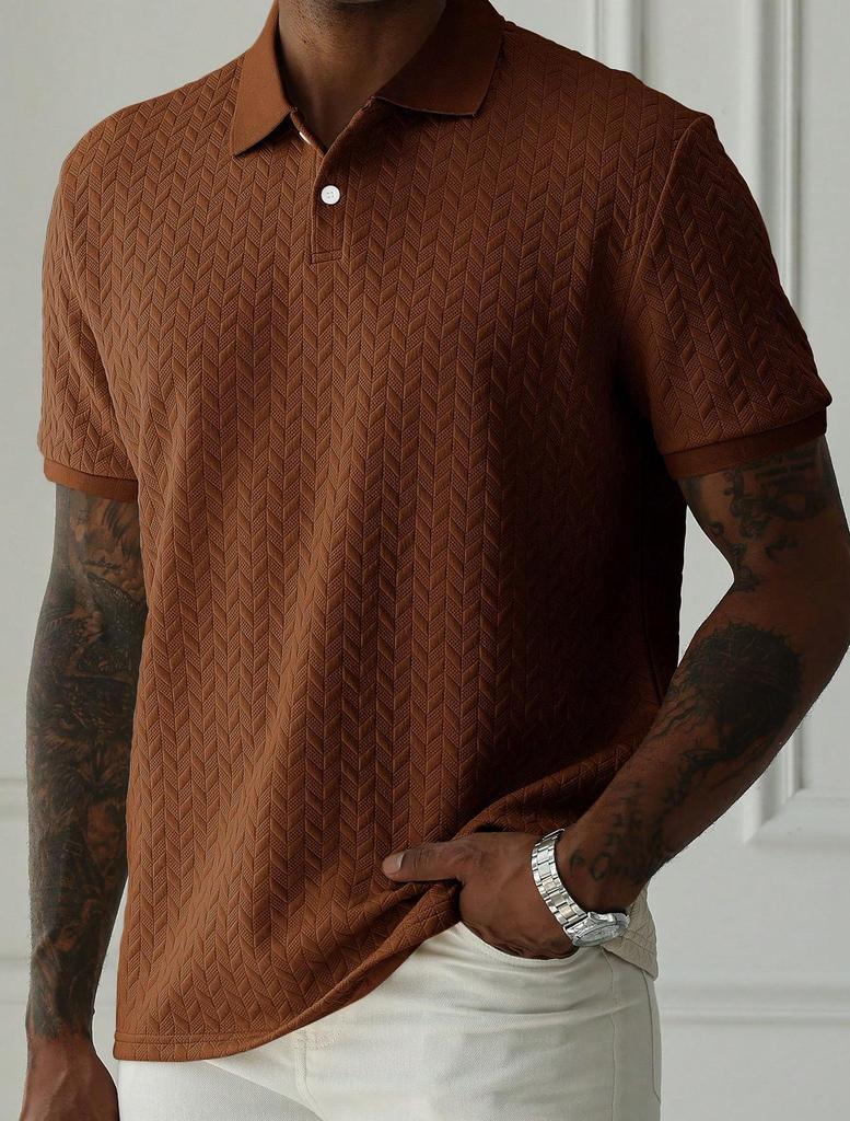 Men's Short Sleeve Knit Texture Polo Shirt Button Collar Casual Top