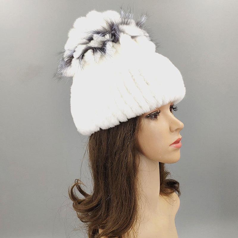 New Rex Rabbit Hair Hat Women's Winter Thickened Warm Fashion Versatile Elastic Fur Woven Hand-sewn Knitted Hat