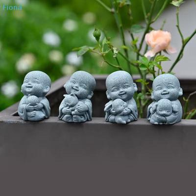 Embracing Animal Monk Statue,Sandstone Finish Zen Baby Buddha Figurine,Mini Spiritual Decor for Home,Office & Garden