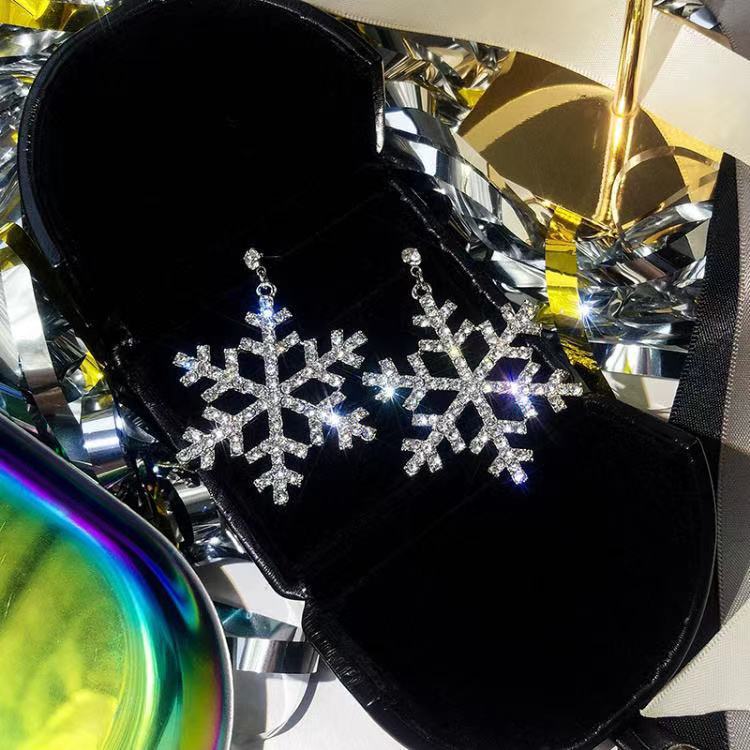 

Exaggerated big ice flower ears Korean versatile long snowflake fringed earrings temperament ring Internet celebrity stud earrings women White k silver