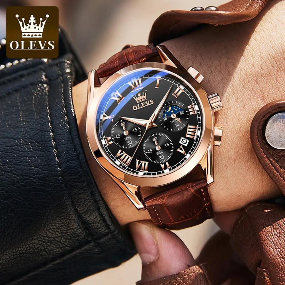 OLEVS 2871 New Fashion Business Luxury Sport Wristwatches 3atm Water Resistant Genuine Leather Quartz Wrist Watches for Men