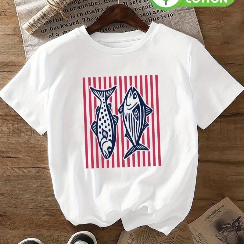 Fish Printing Cute Comfort Grid Tshirt Summer Casual Short Sleeve Crew Neck Casual Tops Unisex Breathable Trendy Unique Clothing