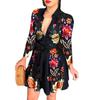Mode Damen Tiefer V-Ausschnitt Langarm Pfau Blumen Print Wickel Mini Kleid