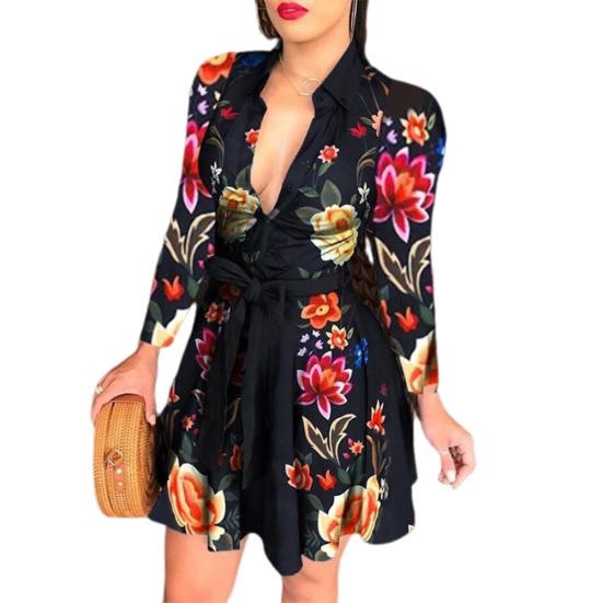 Mode Damen Tiefer V-Ausschnitt Langarm Pfau Blumen Print Wickel Mini Kleid