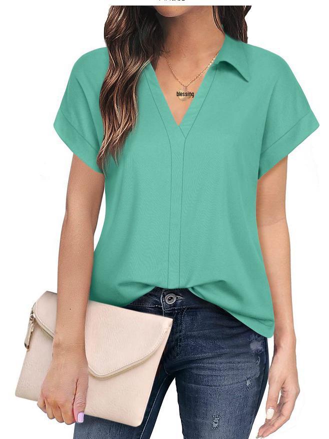 Women's Casual Black Short-Sleeve Shirt - Versatile Solid Color for Business or Leisure
