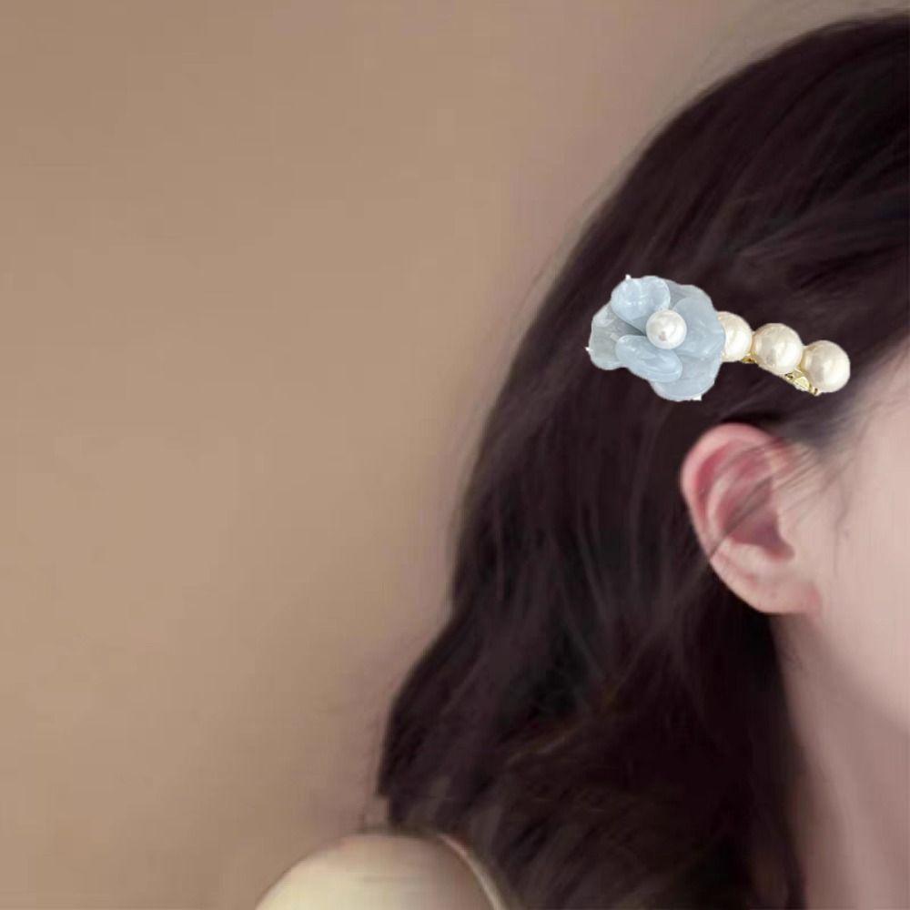 Acetate Flower Hair Clip Korean Style Duckbill Clip Cute Camellia Pearl Side Clip  Daily