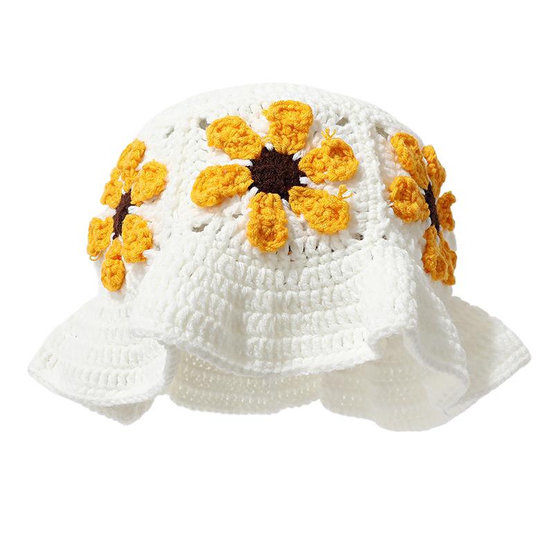 Women Plush Hat Bowler Hat Knitted Hat Breathable Handmade Crochet Vibrant Floral Pattern Cute Hollow Ruffles Colorful 56-58cm