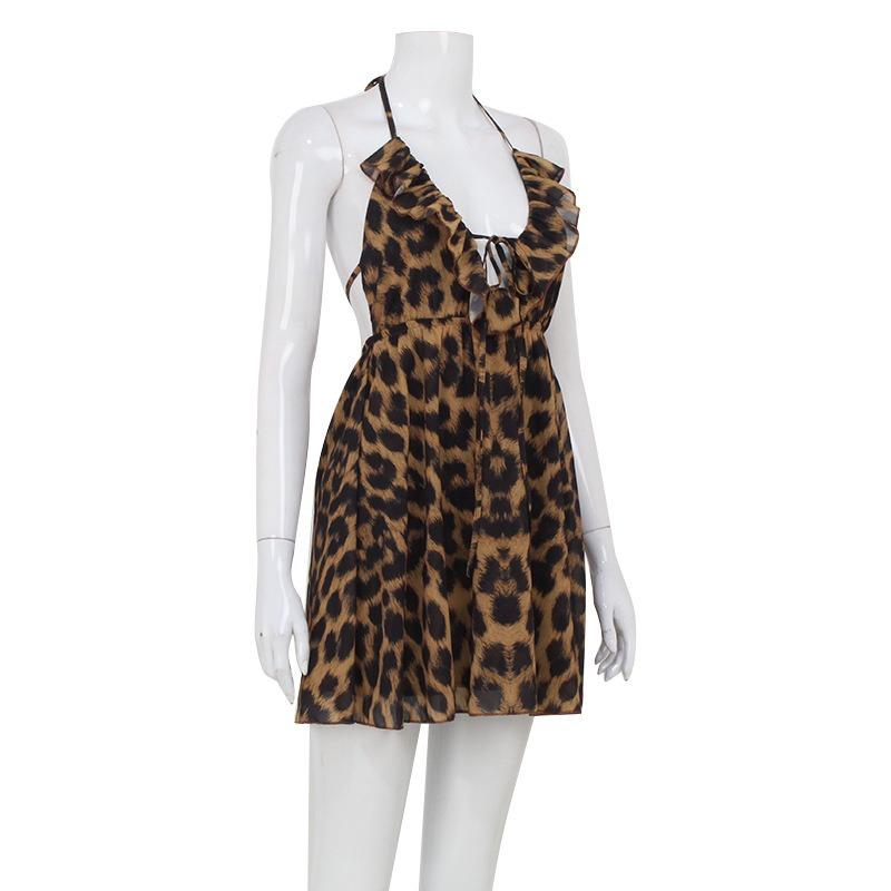 Personality Street Style Summer Fashion Trend Leopard Print Lace-up Halter Sexy Halter Dress