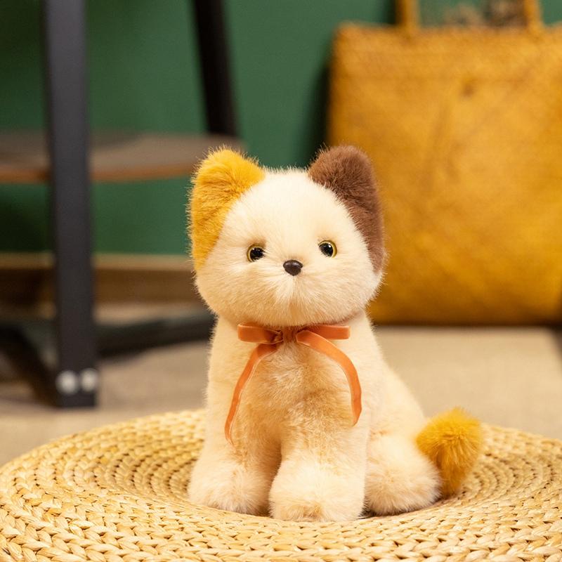 6 Styles Delicate Cute Lifelike Kitten Plush Toys Fluffy Sitting Pose Ribbon Bow Cat Doll Lovely Desktop Pets Pretty Girls Gift