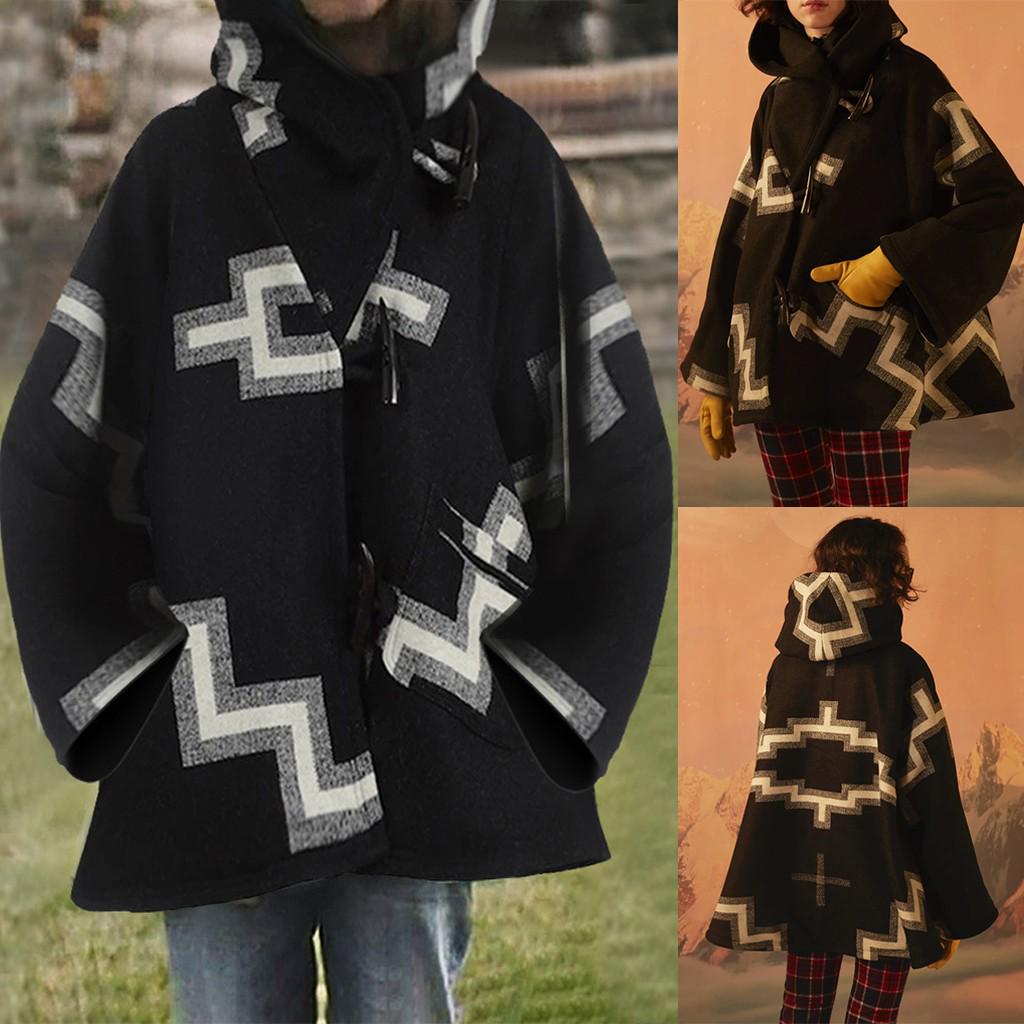 Women Casual Horn Buckle Retro Print Long Sleeve Hooded Jacket Pocket  Coats