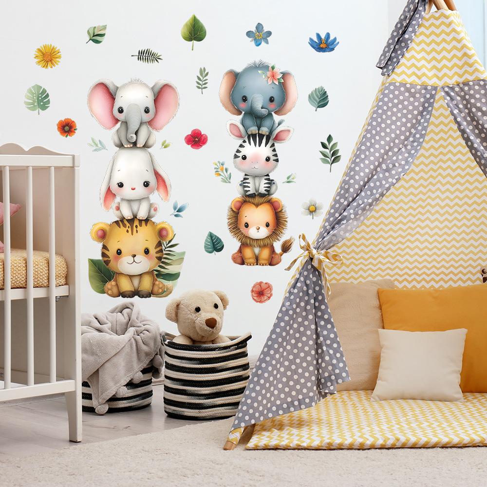 Self-adhesive Wall Stickers Cartoon Animals and Green Leaves for Kids Room Bedroom Home Decor