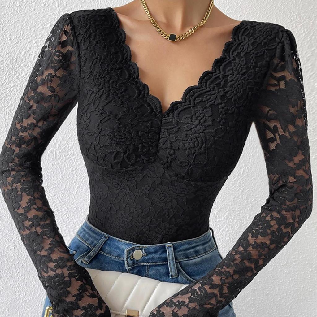 Women's Fashion Sexy Solid Color Lace Long Sleeve Slim Bodysuit