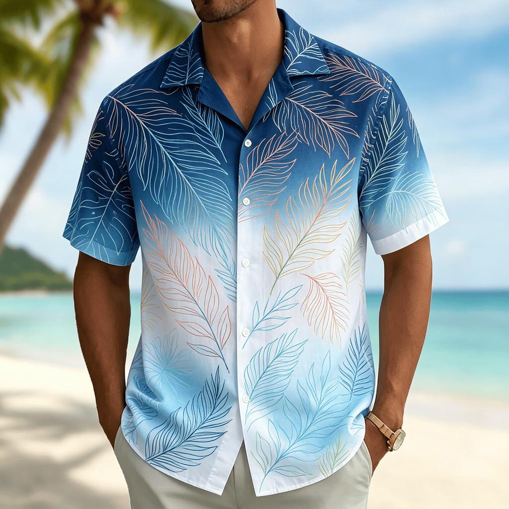 Men's Palm Leaf Print Short Sleeve Shirt, Casual Hawaiian Button Down Top for Men, Tropical Beach Style for Spring & Summer