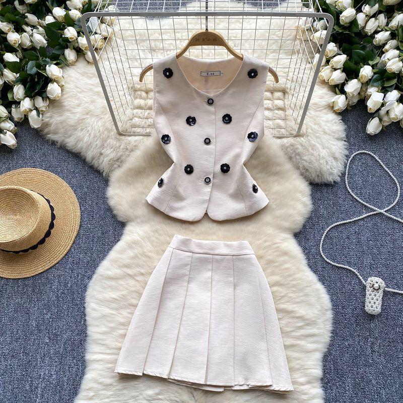French Socialite Fancy Classic Style Three-Dimensional Flower Sleeveless Waistcoat Vest Pleated Skirt Summer Two-piece Set