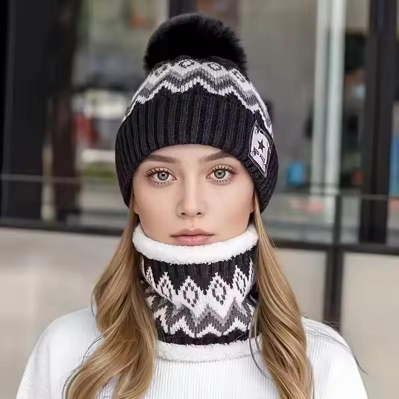

2PCS Winter Plush Warm Scarf Hat Set for Women Velvet Windproof and Cold Proof Ear Protection Outdoor Bicycle Commuting Set чорний