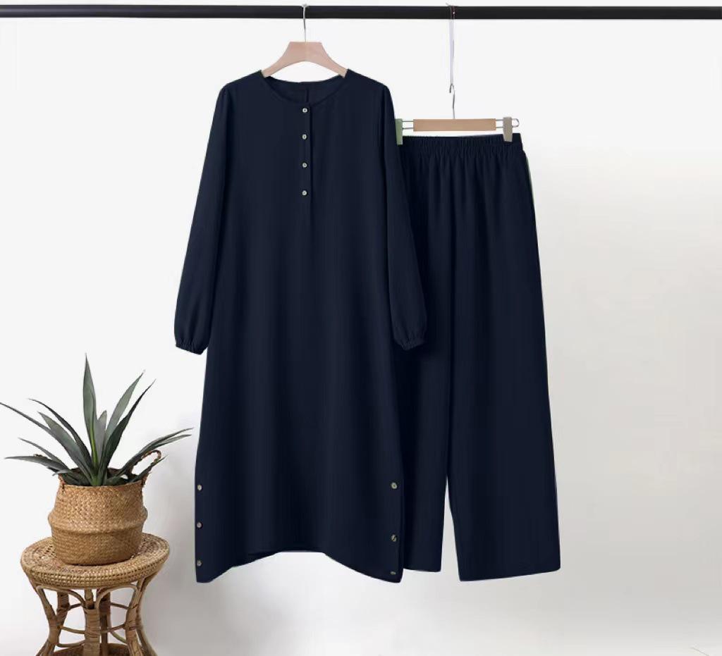 

Женская мусульманская рубашка с круглым вырезом и рукавами-пузырями, с деталью бокового шва и деревянными пуговицами, повседневный комплект 2024 5XL