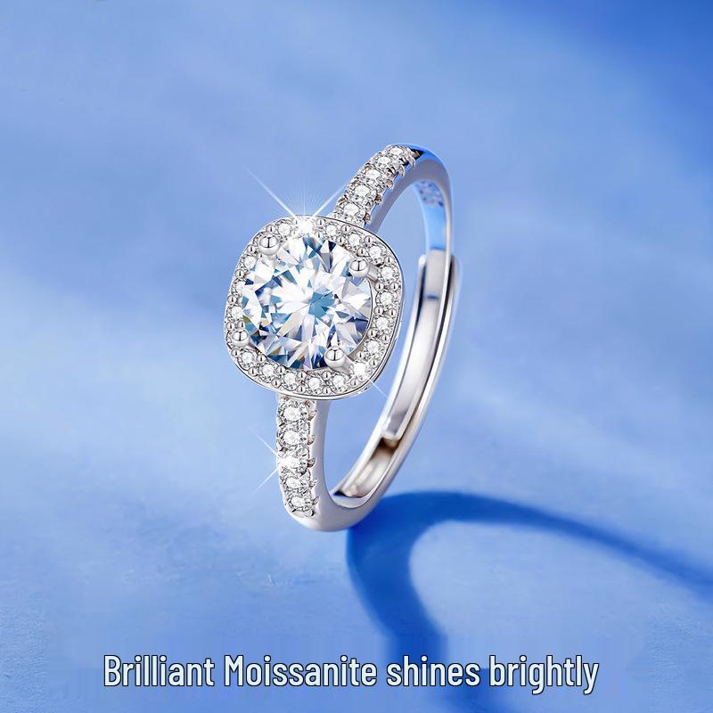 Pangdonglai Moissanite Diamond Open Square Ring for Women, S925 Sterling Silver, Adjustable and Versatile Tail Ring
